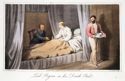 Lord Byron op zijn Sterfbed, uit The Last Days of Lord Byron door William Parry, uitgegeven 1825 door Robert Seymour